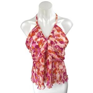 Japsa Women's Multicolor Floral Halter Sleeveless Smocked V Neck Blouse Top Sz L